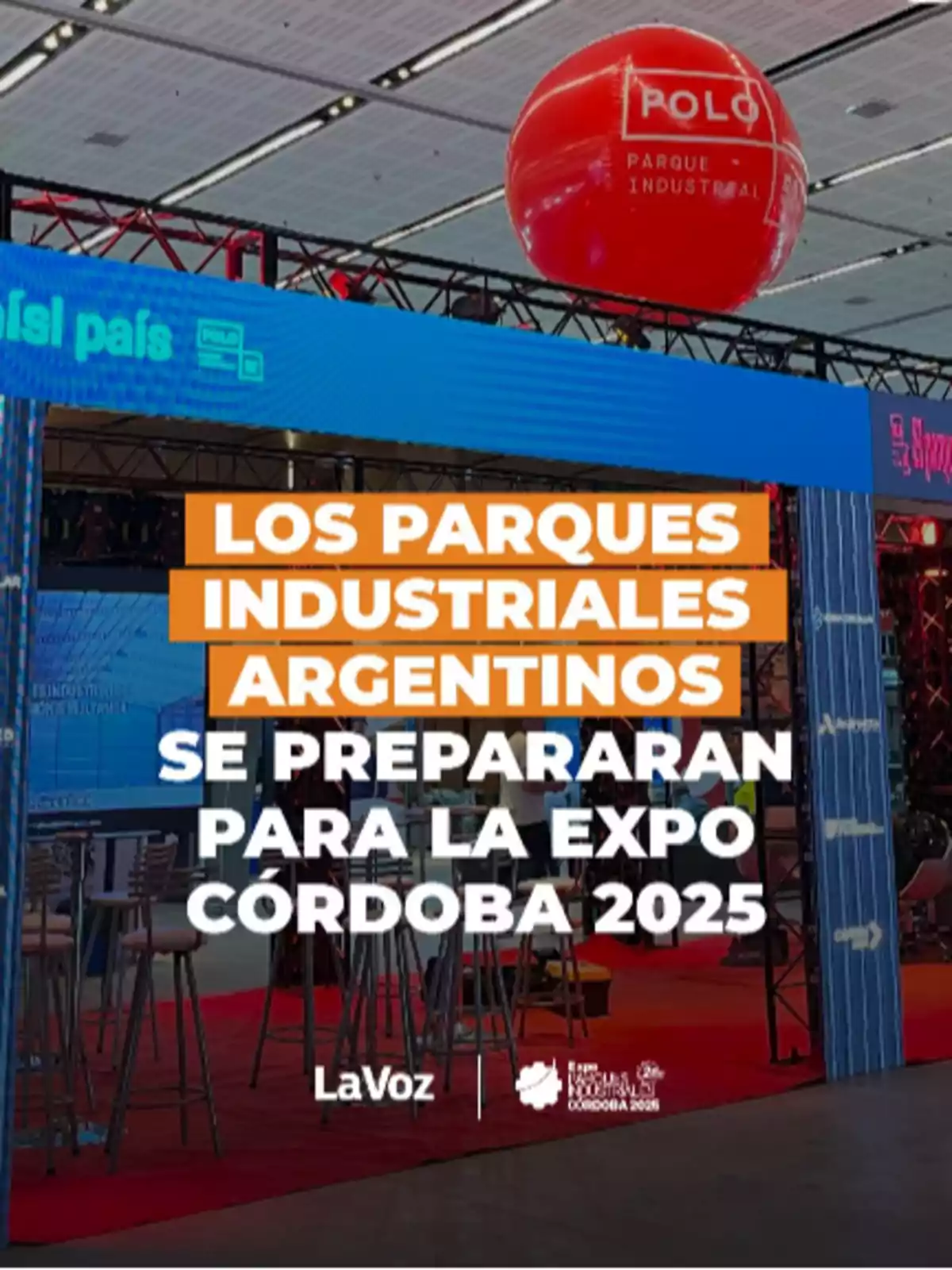 Exhibition booth with high tables and chairs, a red balloon with the text Exhibition booth with high tables and chairs, a red balloon with the text
