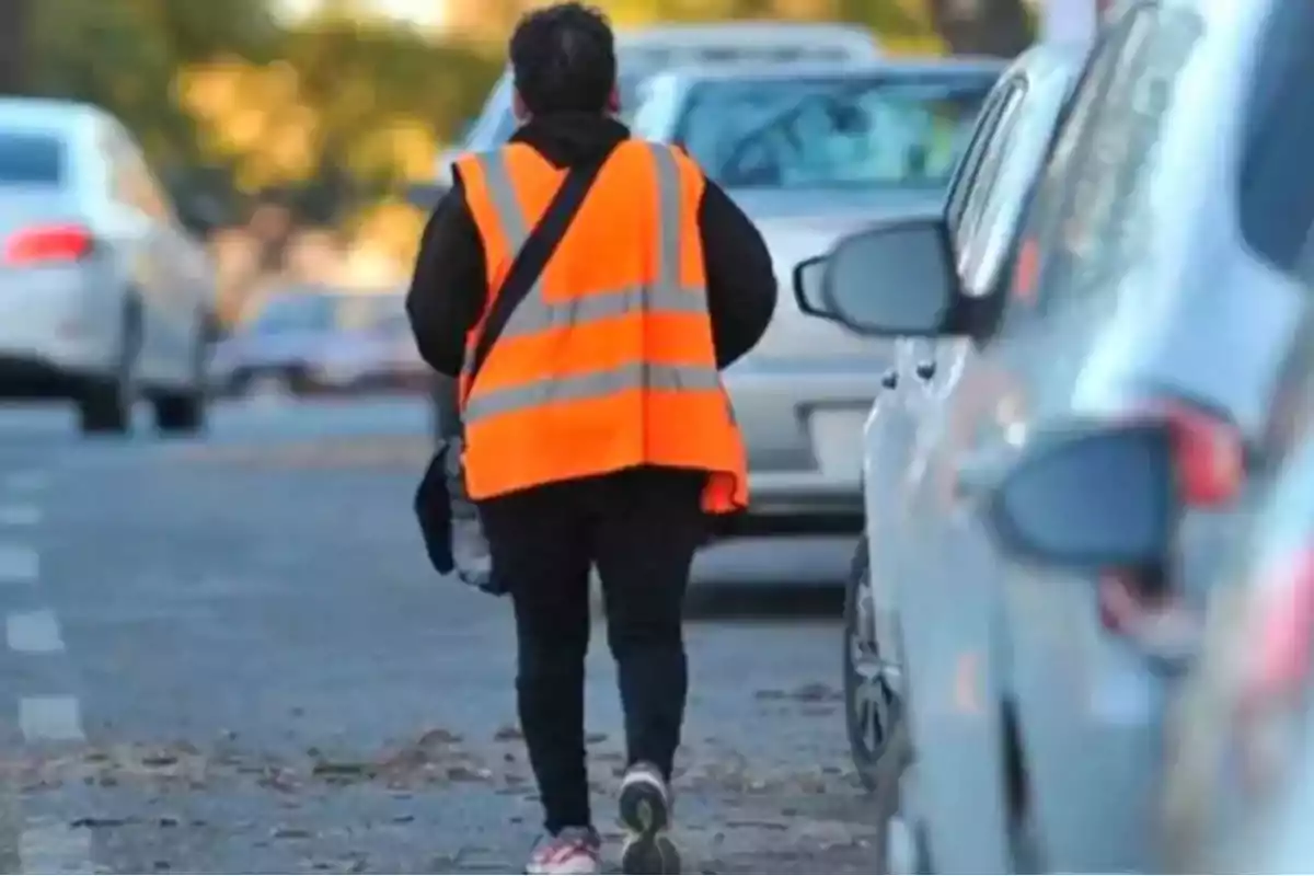 Person wearing an orange vest walking between parked cars on an urban street
