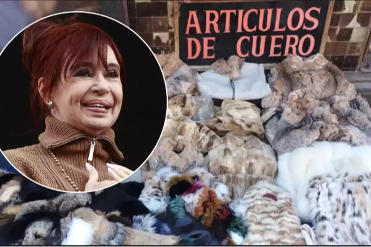 A smiling woman in a brown sweater appears in a circle overlaid on an image of leather goods and furs displayed in a store with a sign that says "Leather Goods."