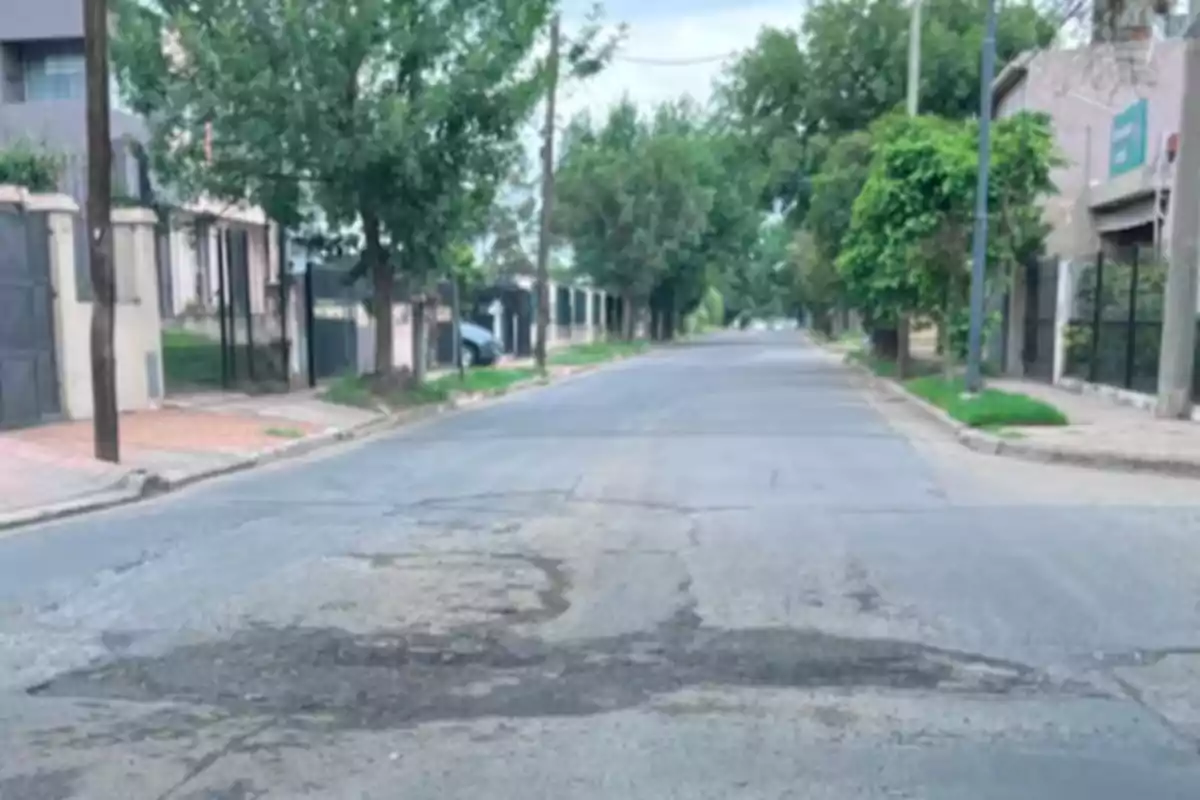 Residential street with trees on the sides and a pothole in the asphalt