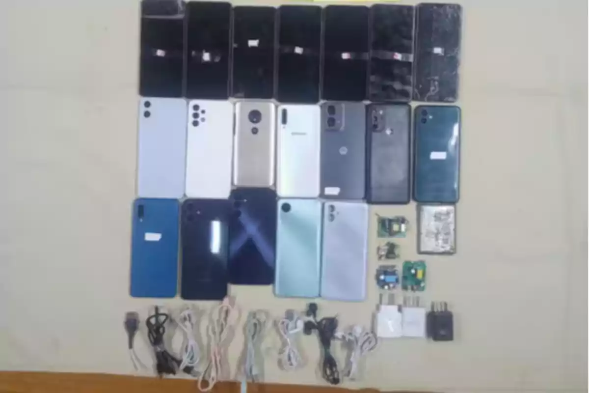 Varios teléfonos móviles de diferentes colores y modelos organizados en filas junto a cargadores, cables y algunos componentes electrónicos sobre una superficie clara.