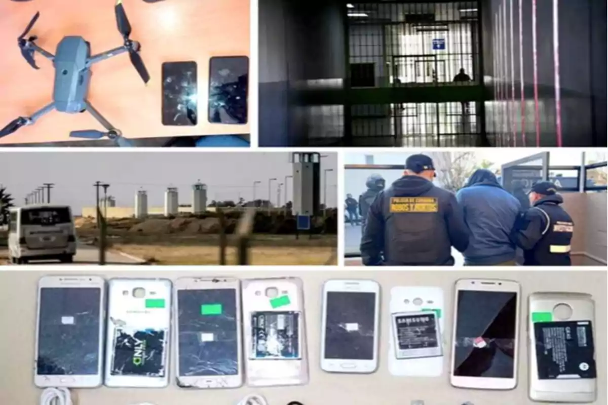 Collage que muestra un dron y celulares dañados, una celda de prisión, una patrulla policial escoltando a una persona, una cárcel vista desde el exterior y más teléfonos móviles decomisados Collage que muestra un dron y celulares dañados, una celda de prisión, una patrulla policial escoltando a una persona, una cárcel vista desde el exterior y más teléfonos móviles decomisados