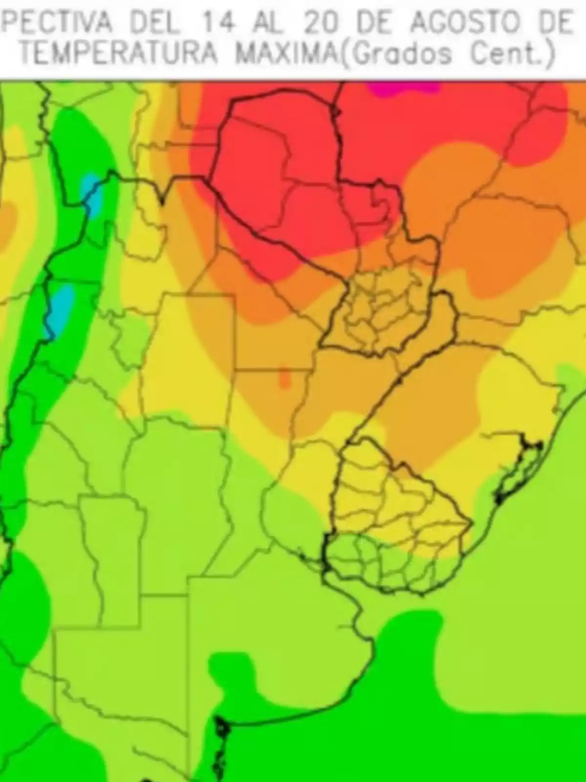 Map of South America with a color scale showing the variation of forecasted maximum temperatures for mid-August, highlighting red and orange areas in the north and center, and green areas in the south. Map of South America with a color scale showing the variation of forecasted maximum temperatures for mid-August, highlighting red and orange areas in the north and center, and green areas in the south.
