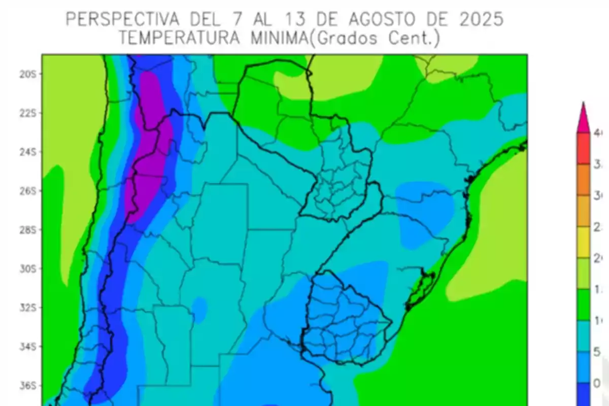 Mapa de Sudamérica que muestra la perspectiva de temperaturas mínimas en grados centígrados del 7 al 13 de agosto de 2025 con una escala de colores que va del verde al violeta indicando diferentes rangos de temperatura Mapa de Sudamérica que muestra la perspectiva de temperaturas mínimas en grados centígrados del 7 al 13 de agosto de 2025 con una escala de colores que va del verde al violeta indicando diferentes rangos de temperatura