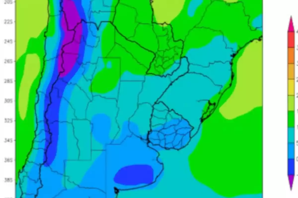 Map of South America with different colors representing precipitation levels in Argentina, Uruguay, Paraguay, and southern Brazil Map of South America with different colors representing precipitation levels in Argentina, Uruguay, Paraguay, and southern Brazil