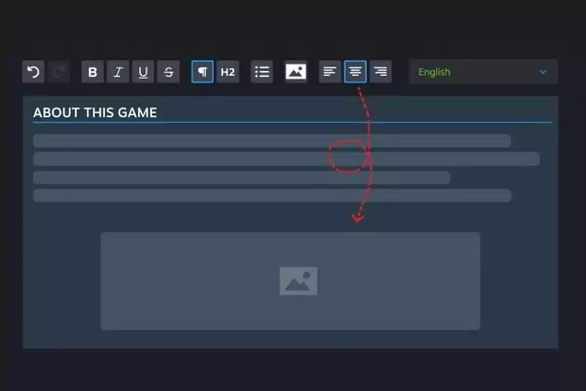 Editor de texto con barra de herramientas en la parte superior y una flecha roja señalando el botón de alineación hacia una sección para insertar una imagen Editor de texto con barra de herramientas en la parte superior y una flecha roja señalando el botón de alineación hacia una sección para insertar una imagen