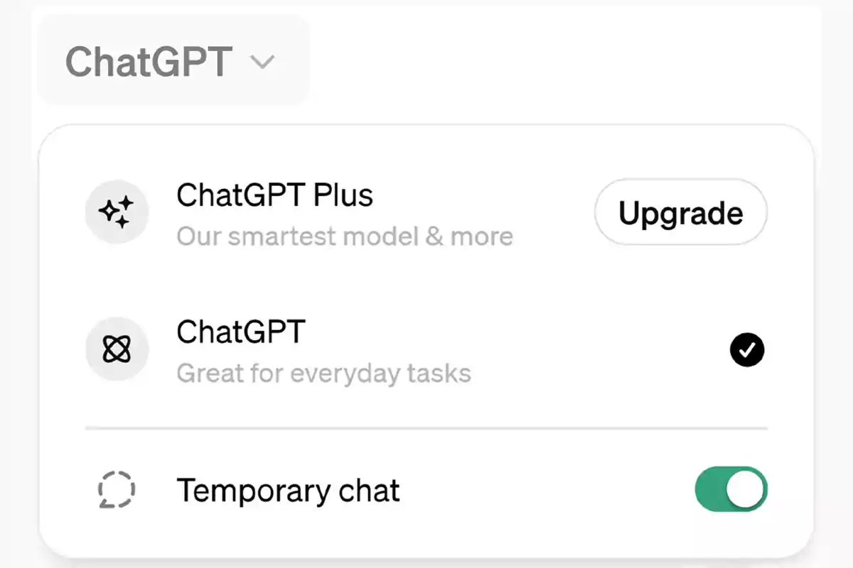 ChatGPT version selection menu with options for ChatGPT Plus, ChatGPT, and a toggle switch enabled for temporary chat ChatGPT version selection menu with options for ChatGPT Plus, ChatGPT, and a toggle switch enabled for temporary chat