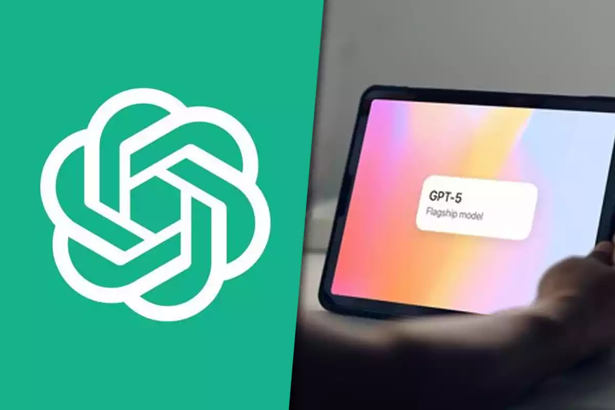 Logo de OpenAI a la izquierda y una pantalla con el texto GPT-5 Flagship model a la derecha