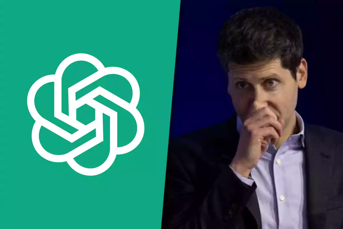 Logo de OpenAI a la izquierda y un hombre de cabello oscuro con traje a la derecha sobre fondo azul