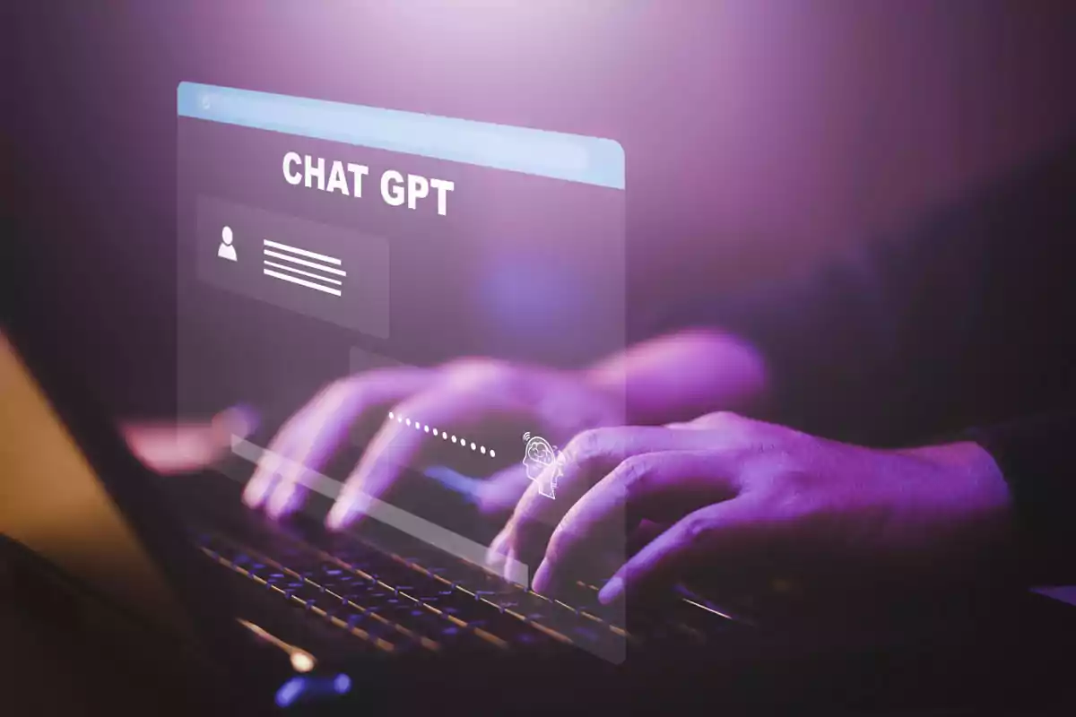 Hands typing on a computer keyboard with a ChatGPT digital interface overlay and violet light in the background Hands typing on a computer keyboard with a ChatGPT digital interface overlay and violet light in the background