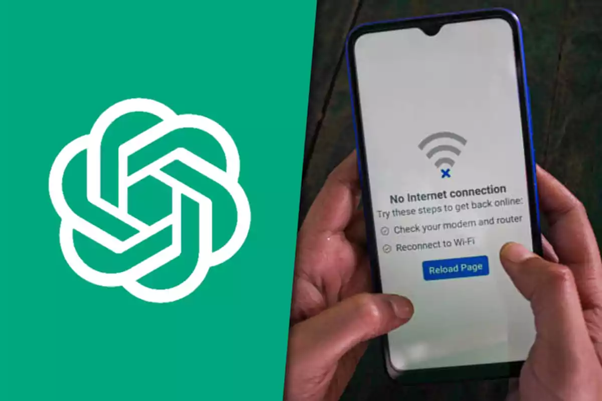 Logo de OpenAI a la izquierda y una persona sosteniendo un teléfono móvil con un mensaje de error de conexión a internet a la derecha