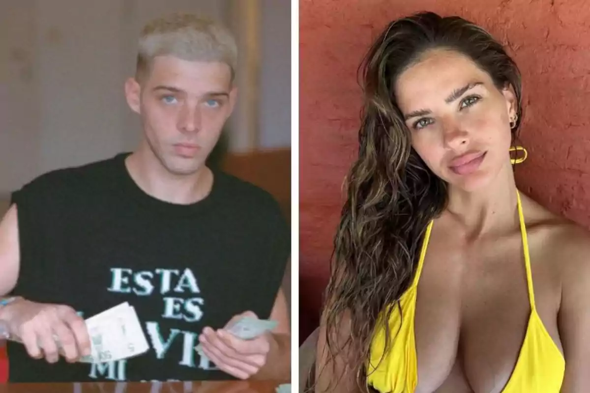 A young man with short blond hair counting bills and a woman in a yellow bikini posing in front of a red wall A young man with short blond hair counting bills and a woman in a yellow bikini posing in front of a red wall