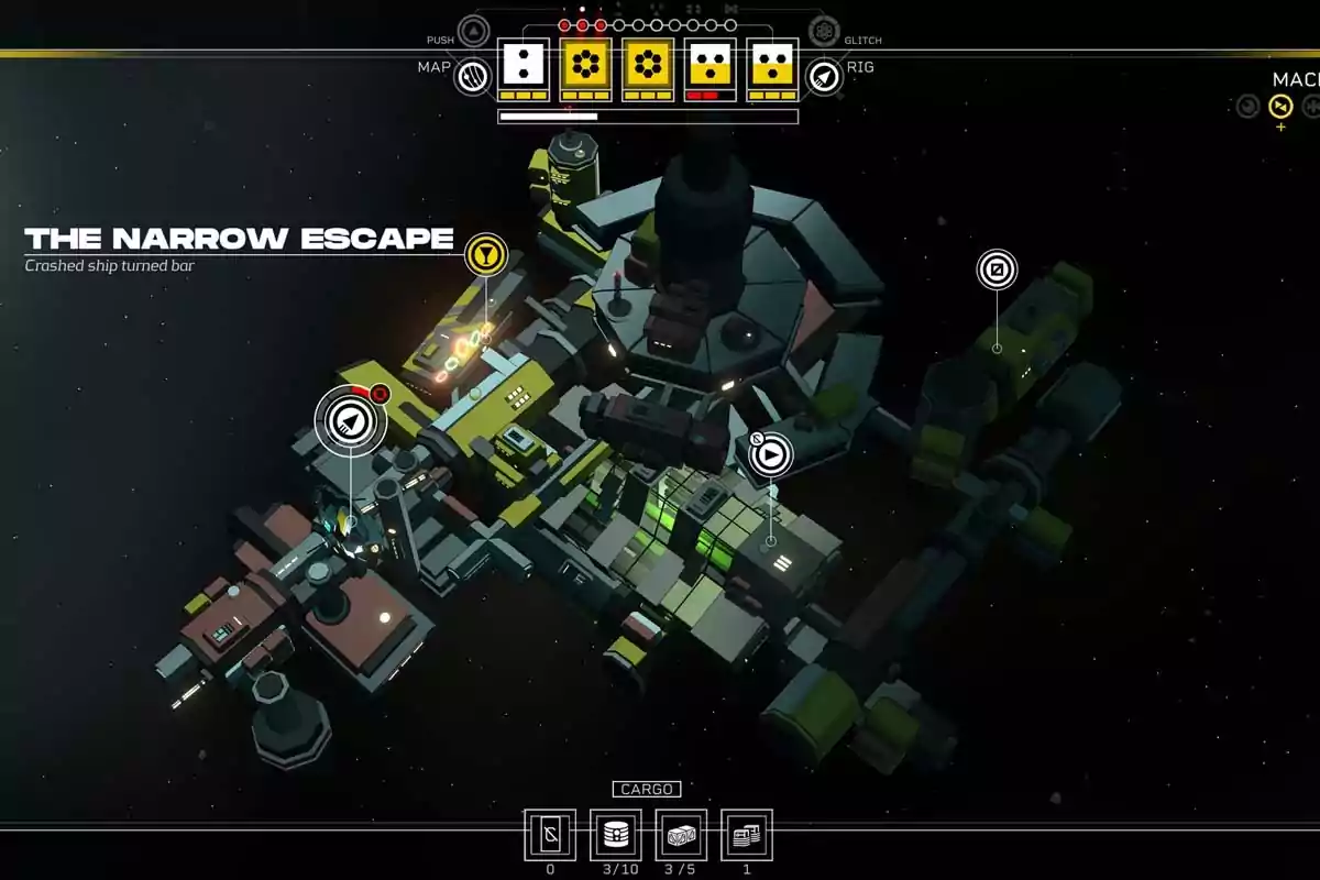 Isometric view of a futuristic space station with a video game user interface and the text Isometric view of a futuristic space station with a video game user interface and the text