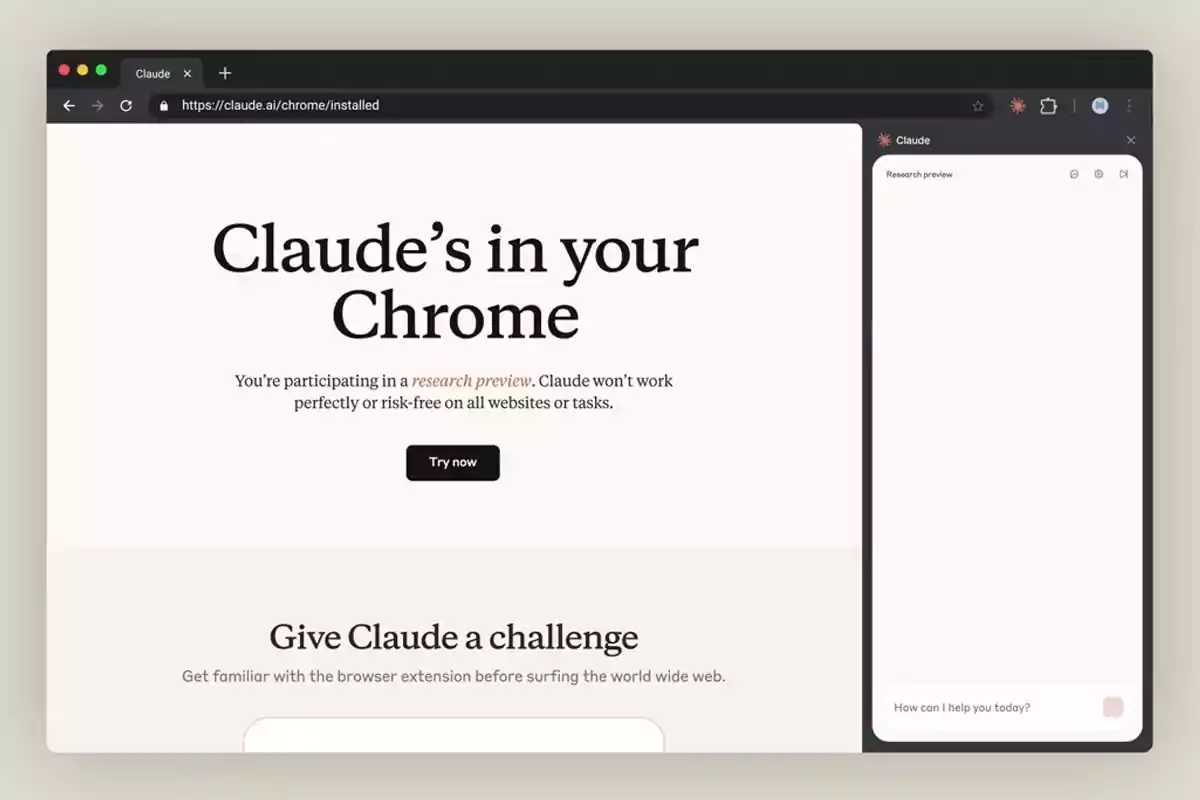 Chrome browser window displaying the Claude extension welcome page with a main message indicating that Claude is available on Chrome and a button to try the feature Chrome browser window displaying the Claude extension welcome page with a main message indicating that Claude is available on Chrome and a button to try the feature