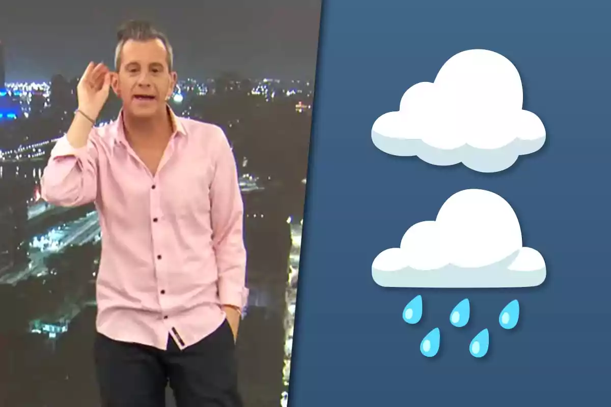 Hombre con camisa rosa haciendo un gesto con la mano junto a ilustraciones de nubes y gotas de lluvia sobre un fondo azul