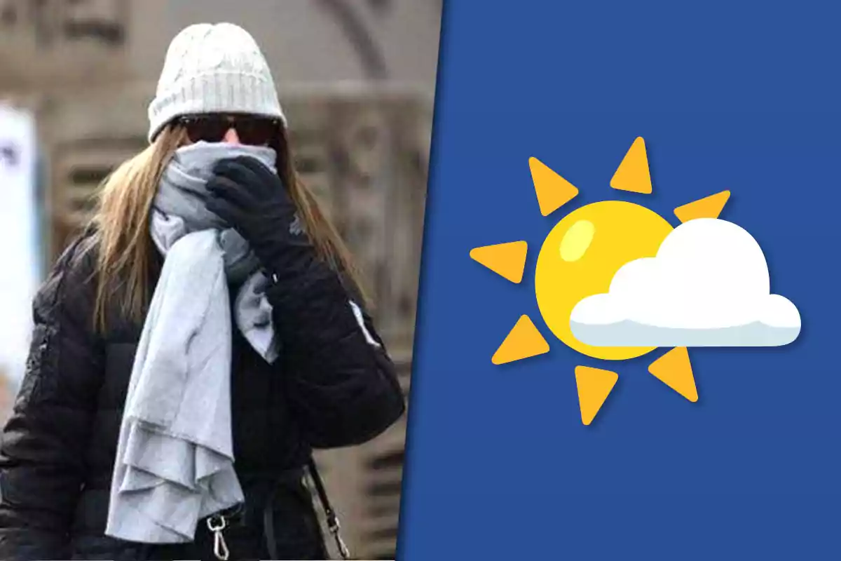 Persona abrigada con gorro bufanda y guantes junto a un gráfico de sol parcialmente cubierto por una nube sobre fondo azul
