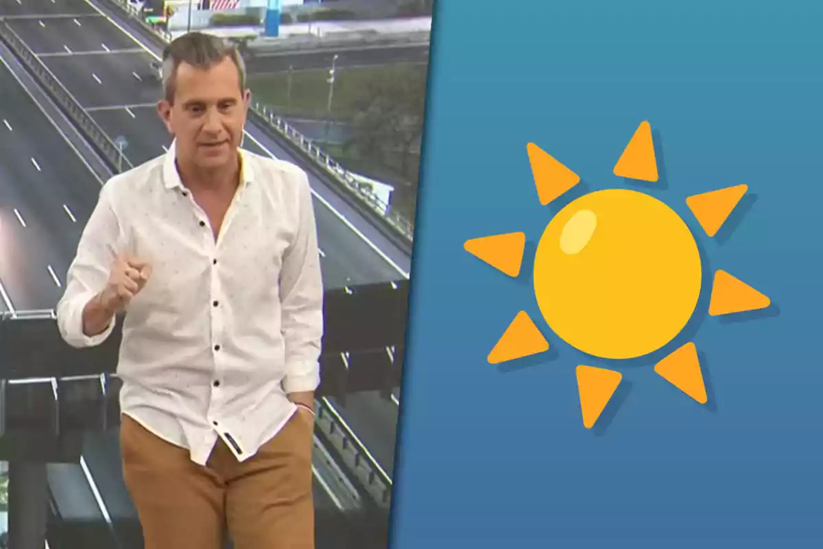 Hombre de pie con camisa blanca y pantalón marrón junto a una ilustración de sol sobre fondo azul