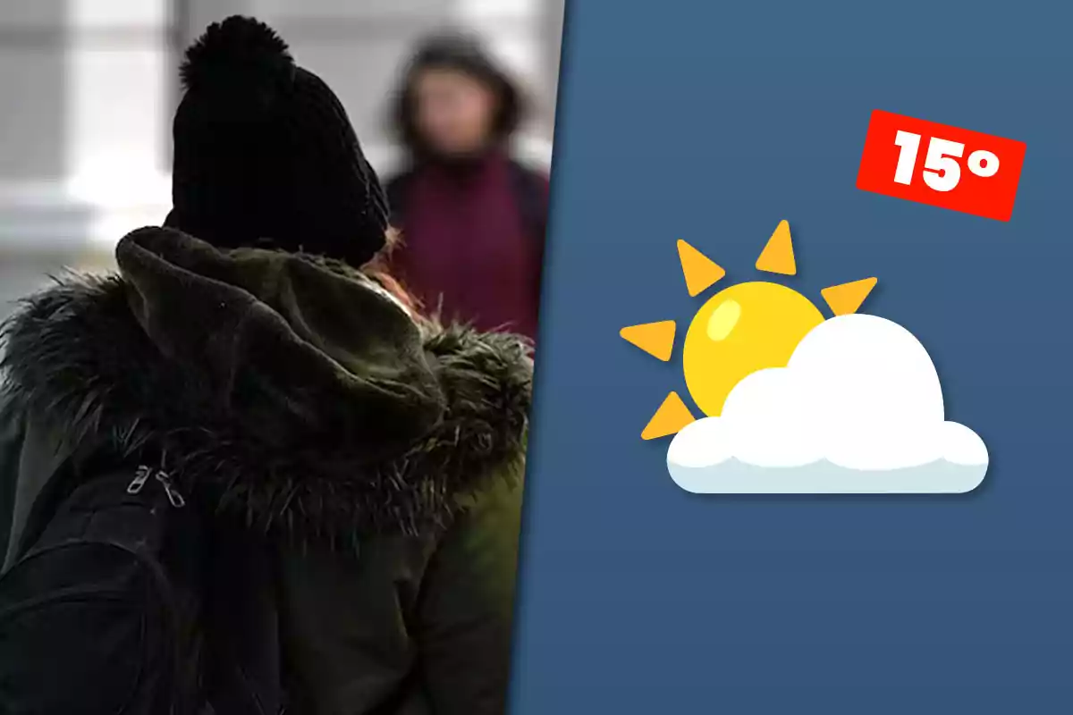 Person wearing a winter coat and hat next to a partly cloudy weather graphic and a temperature of 59 degrees.
