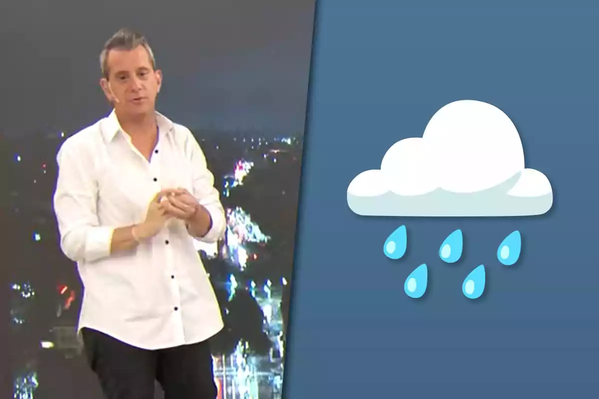 Hombre con camisa blanca presentando el clima junto a un gráfico de nube con gotas de lluvia sobre fondo azul