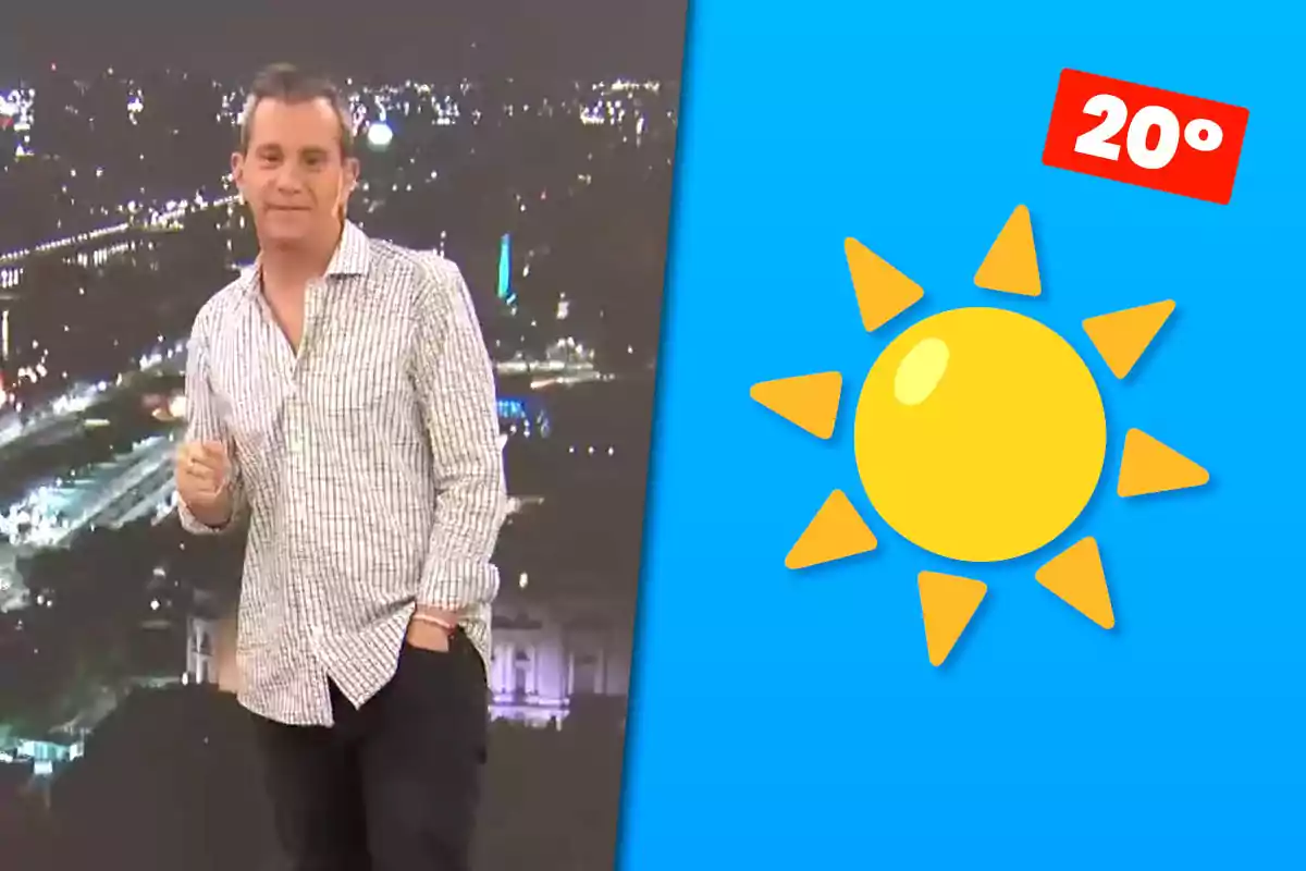 Man standing in a plaid jersey in front of a lit-up city and a sun graphic with a temperature of 20 degrees on a blue background