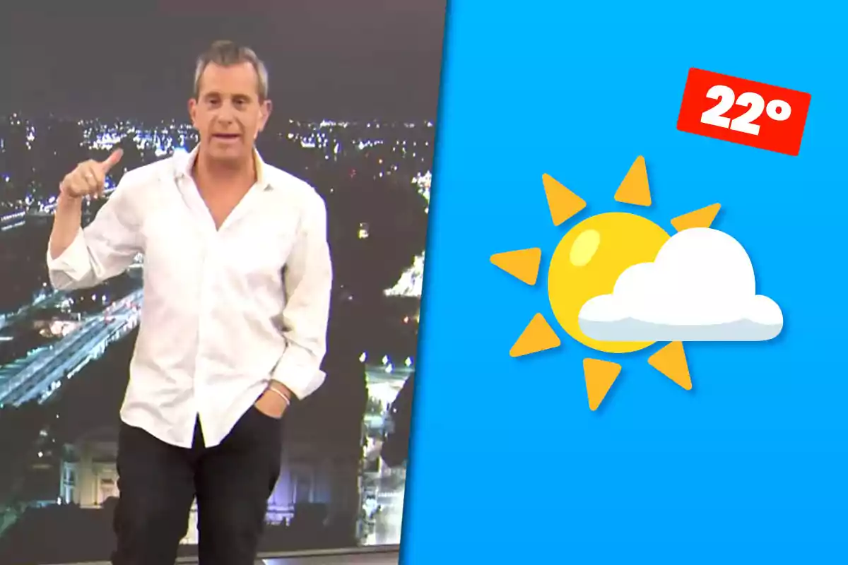 Hombre con camisa blanca presentando el clima nocturno junto a un gráfico de sol, nube y temperatura de 22 grados en fondo azul