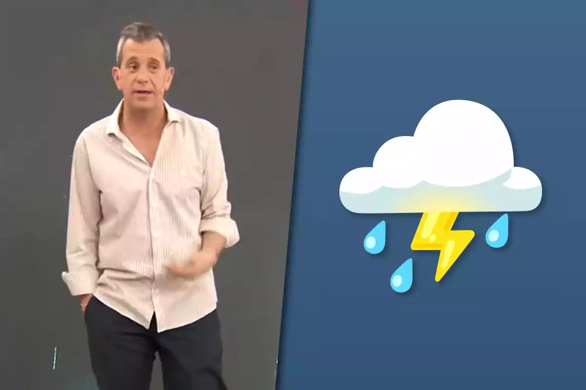 Man standing with a light-colored jersey and dark background on the left, and a drawing of a cloud with rain and lightning on a blue background on the right