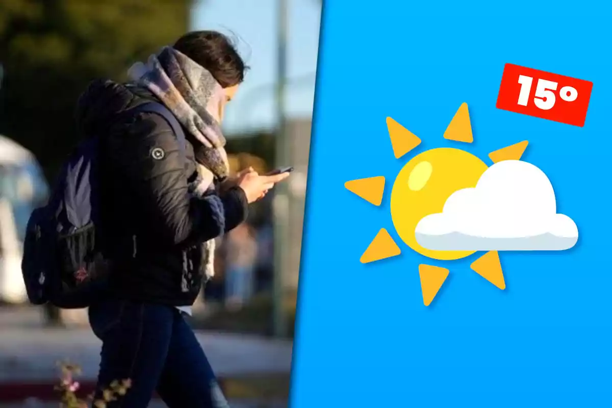Mujer abrigada caminando mientras revisa su celular junto a un gráfico de clima soleado con nubes y una temperatura de 15 grados
