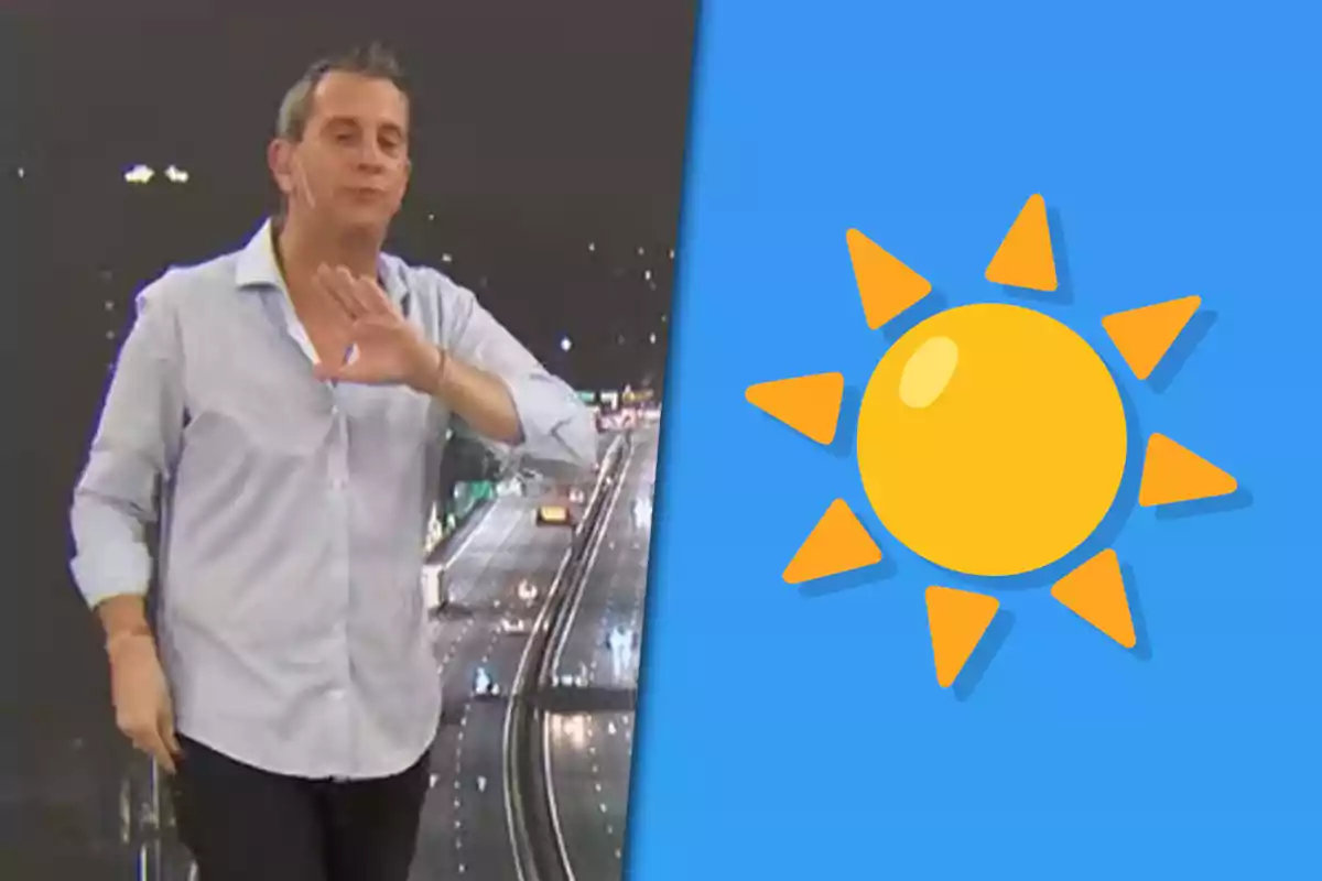 Man in a light-colored jersey gesturing in front of a road at night next to a drawing of a sun on a blue background