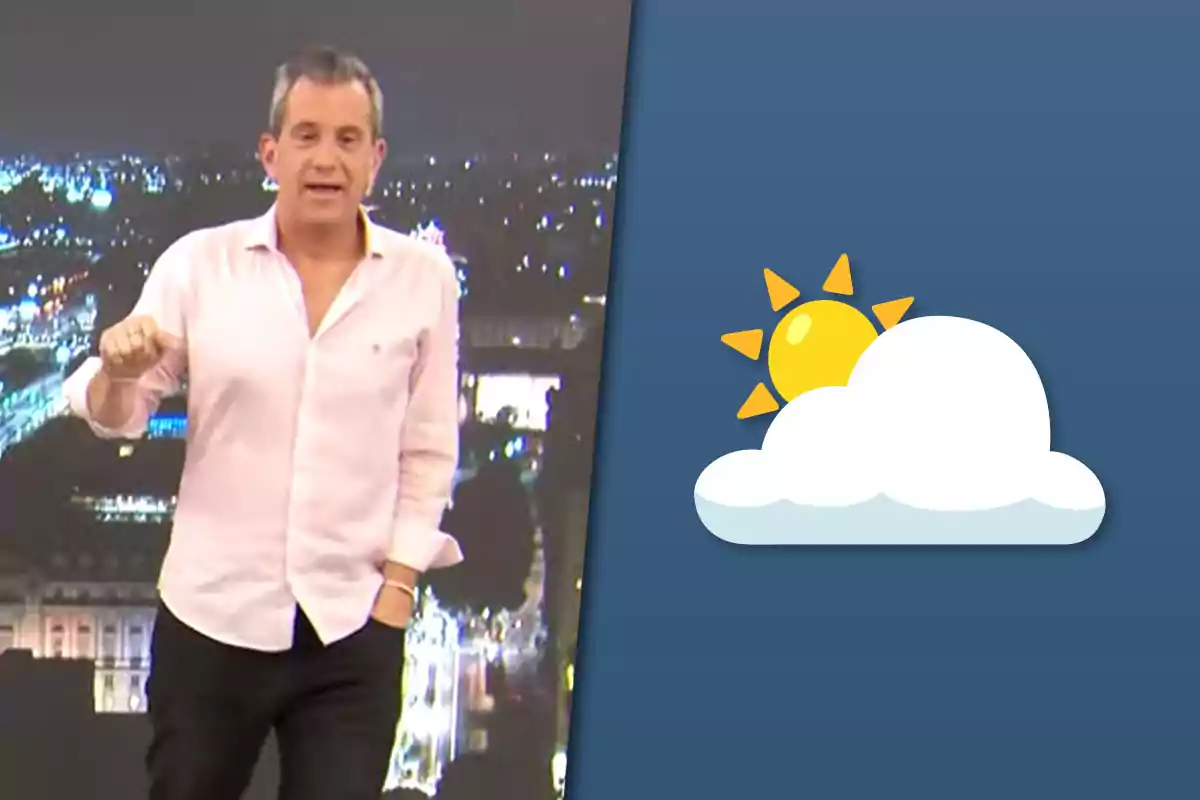 Man standing in a light-colored jersey in front of a nighttime city background next to a graphic of a sun partially covered by a cloud on a blue background