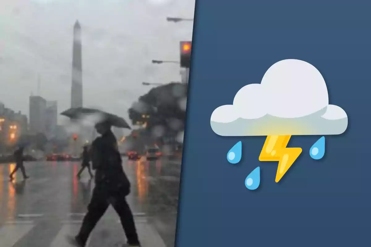 Persona cruzando una calle bajo la lluvia con un paraguas en una ciudad y al lado un dibujo de nube con relámpago y gotas de agua
