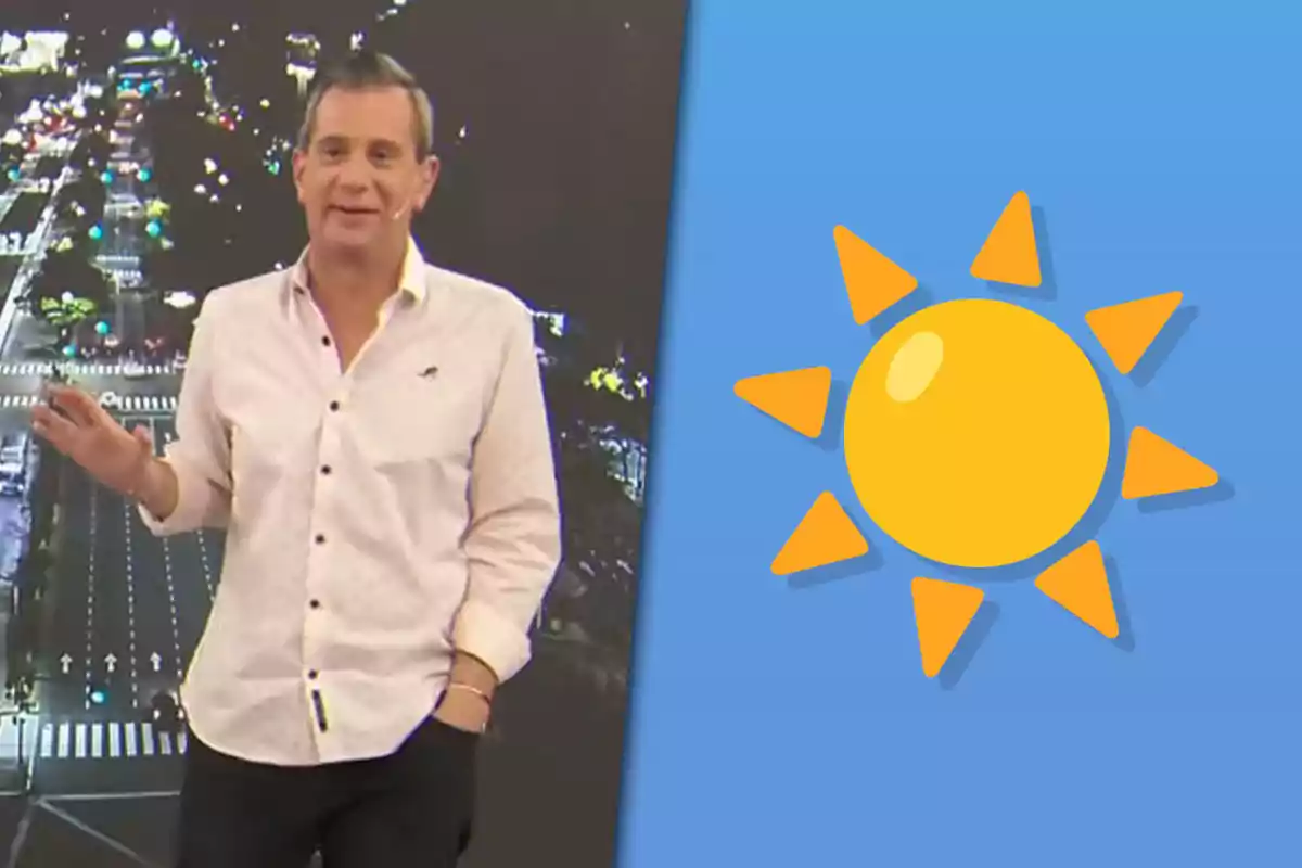 Un hombre con camisa clara está de pie frente a una imagen nocturna de una ciudad mientras a su lado aparece un dibujo de un sol amarillo sobre fondo azul