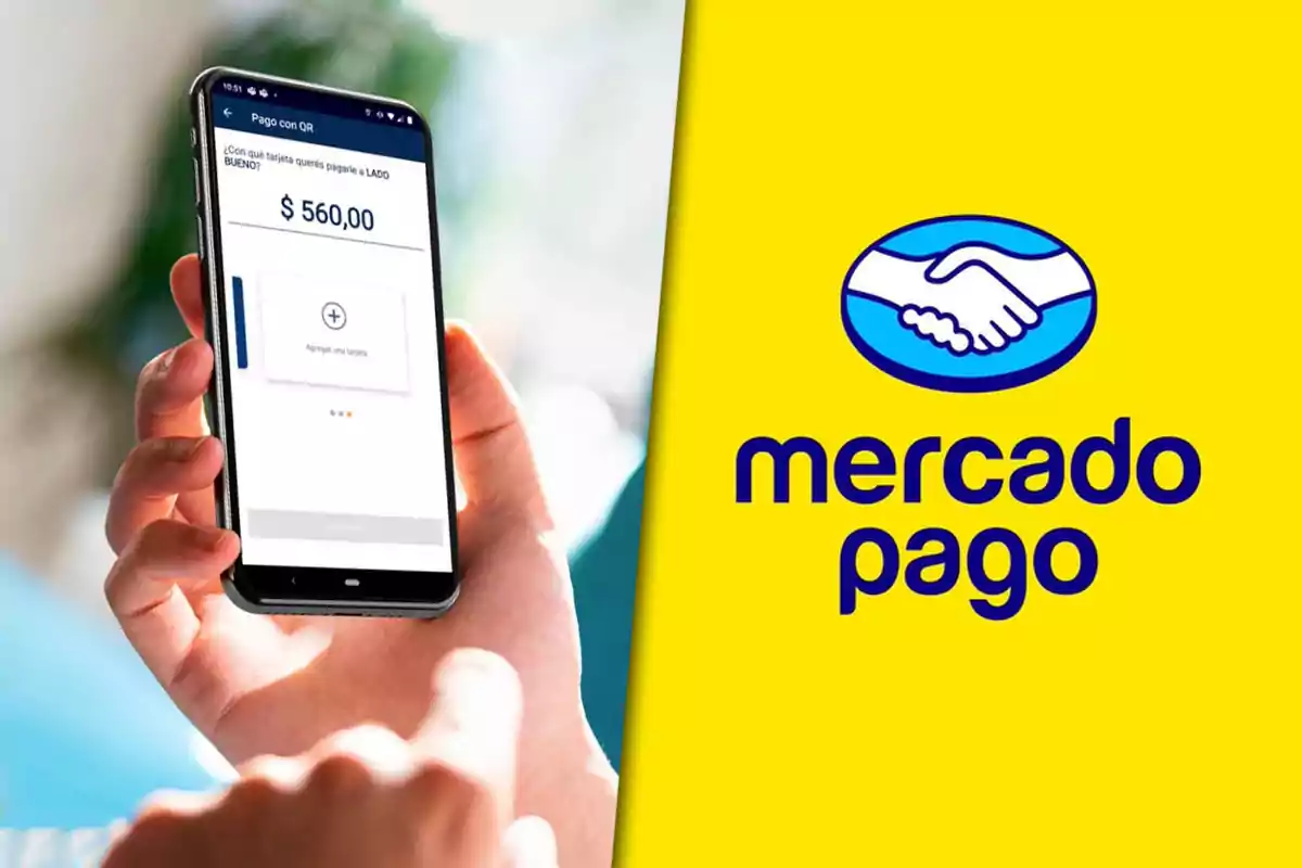 Person using a cellphone to make a digital payment with the Mercado Pago app next to the brand’s logo on a yellow background