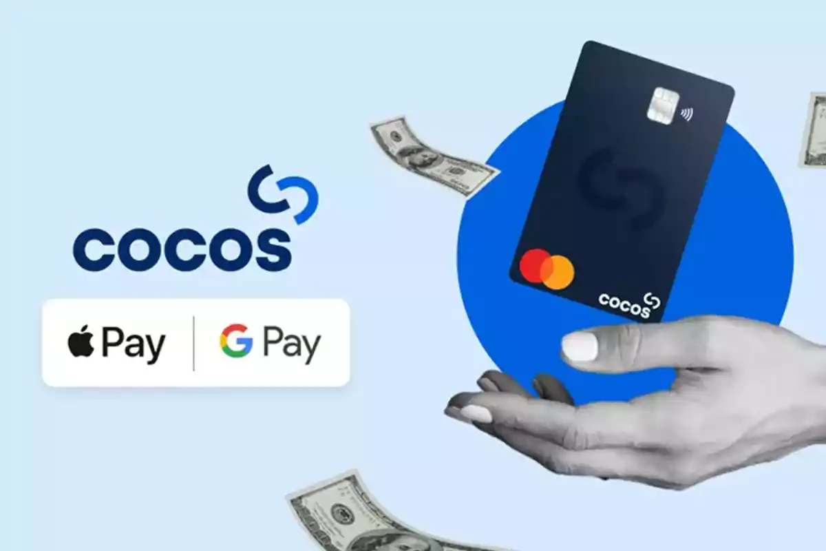 Tarjeta bancaria Cocos sostenida por una mano con billetes flotando y logotipos de Apple Pay y Google Pay