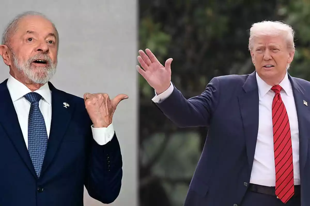 Dos hombres de traje azul, uno con barba y corbata azul a la izquierda gesticulando con la mano, y otro con cabello rubio y corbata roja a la derecha levantando la mano Dos hombres de traje azul, uno con barba y corbata azul a la izquierda gesticulando con la mano, y otro con cabello rubio y corbata roja a la derecha levantando la mano