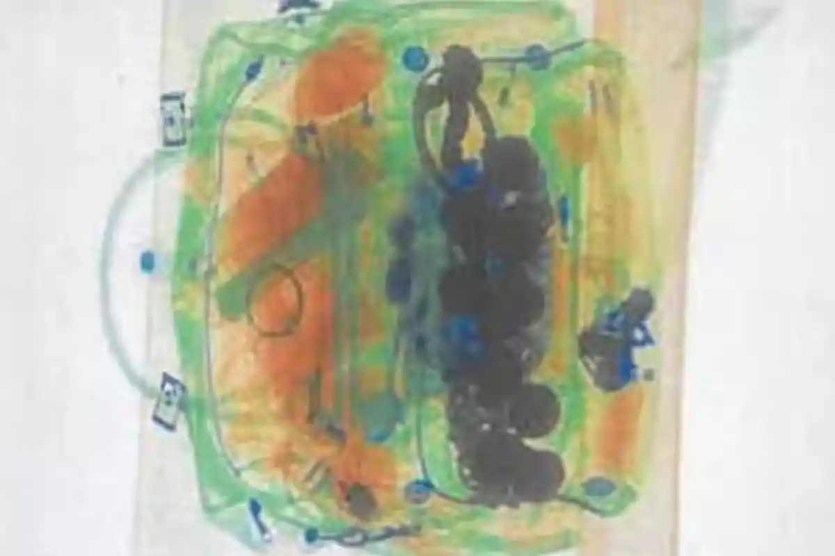 Imagen de una maleta vista a través de un escáner de rayos X, mostrando diferentes objetos en colores verde, naranja, azul y negro.