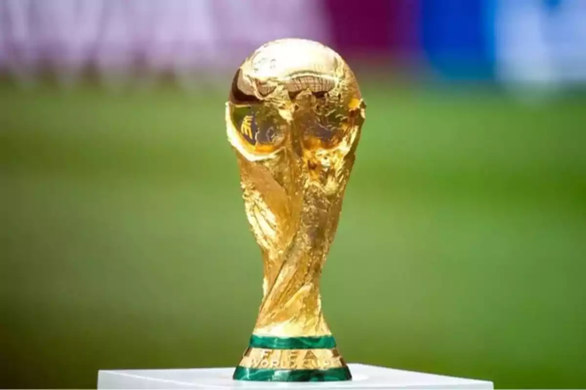 Golden FIFA World Cup trophy on a green and gold base with a blurred background