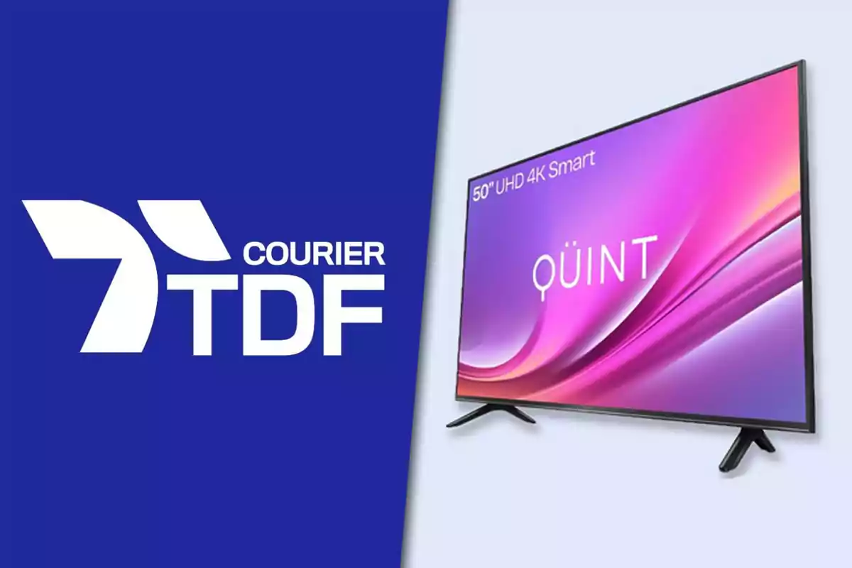 50-inch QUINT 4K TV screen next to the TDF Courier logo on a blue background