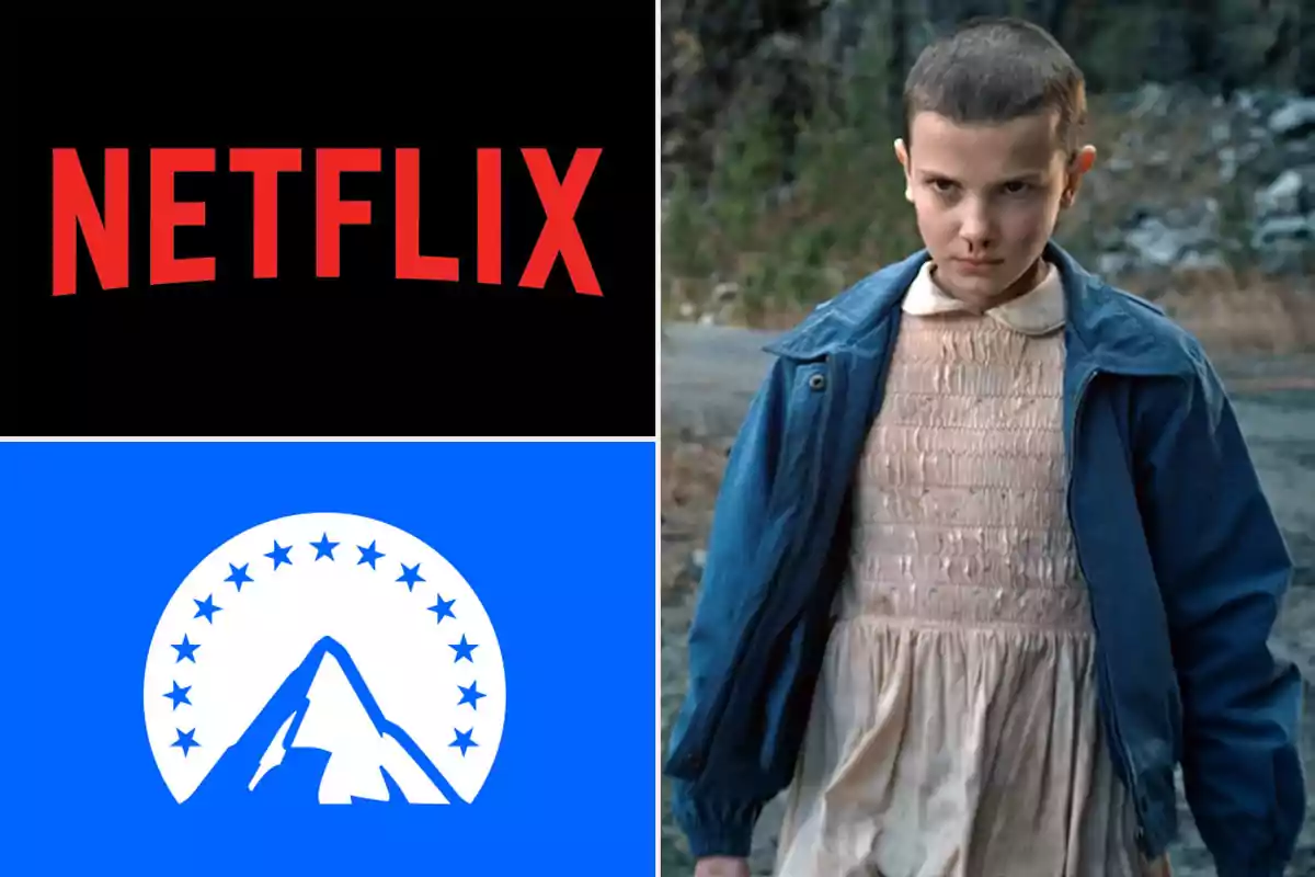 Netflix and Paramount logos next to a scene of a girl with a serious expression and a bloody nose, wearing a blue jacket and a light-colored dress.