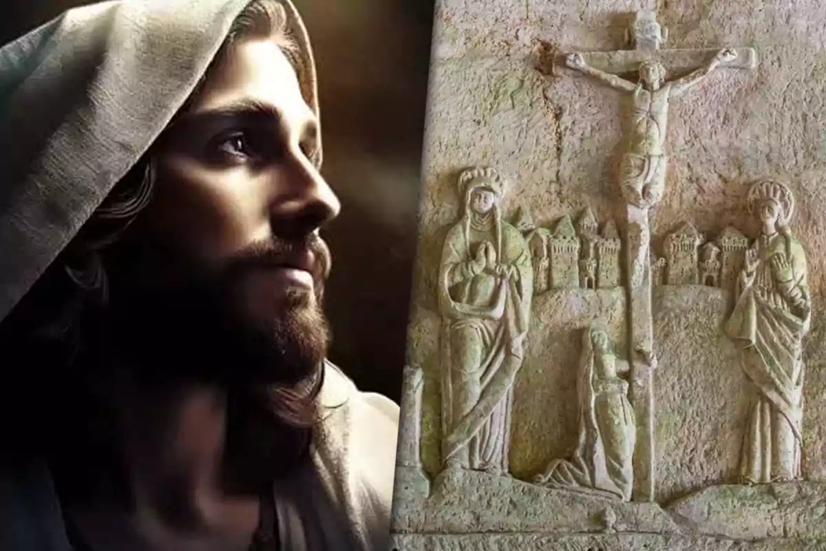Retrato artístico de un hombre con barba y túnica junto a un relieve antiguo que representa una escena de crucifixión
