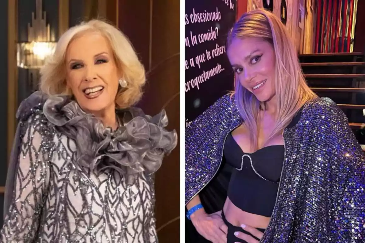 Two blonde women pose smiling, each in a different setting, both wearing shiny and elegant outfits.