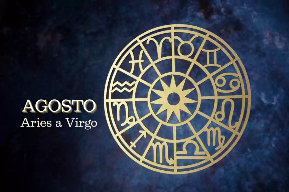 Golden wheel with zodiac symbols on a dark blue background and text that says AUGUST Aries to Virgo