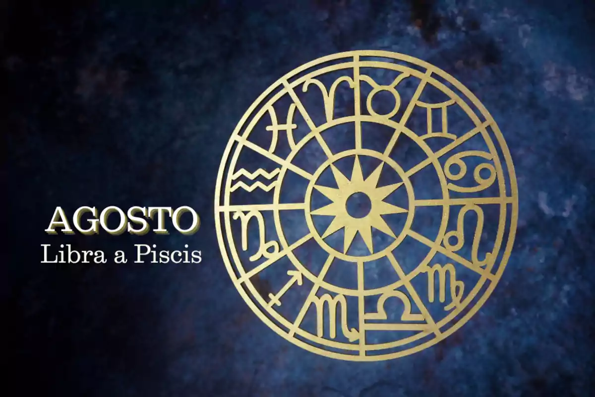 Golden wheel of zodiac signs on a blue background with the text August Libra to Pisces