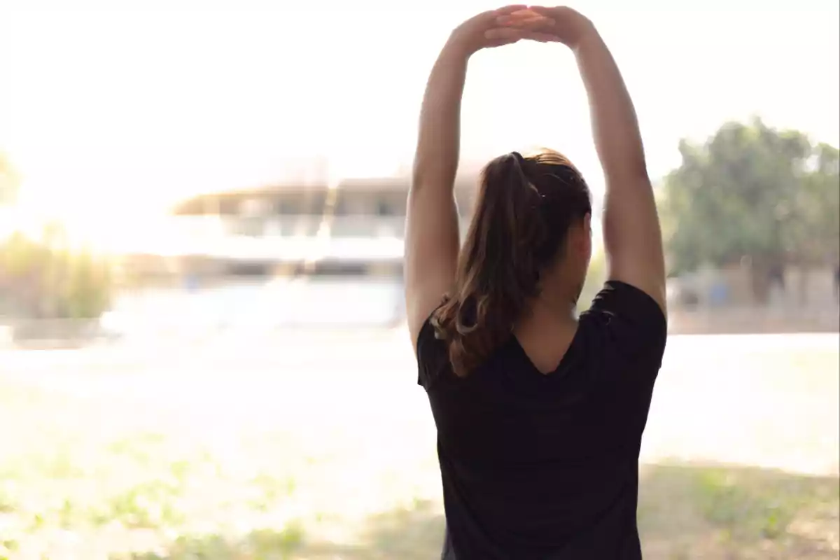 Person with their back turned stretching their arms upward outdoors on a sunny day Person with their back turned stretching their arms upward outdoors on a sunny day