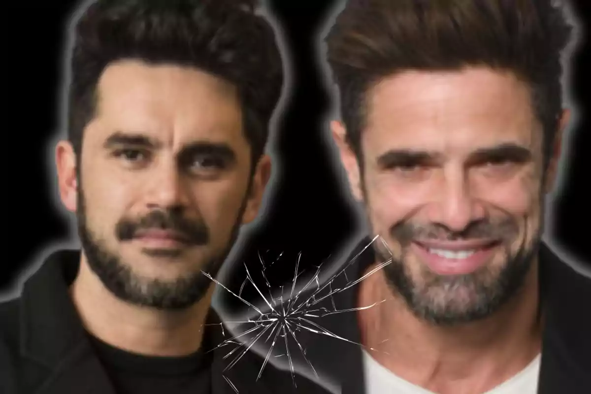 Two men with beards and dark hair appear side by side with a shattered glass effect in the center over a blurred black background.