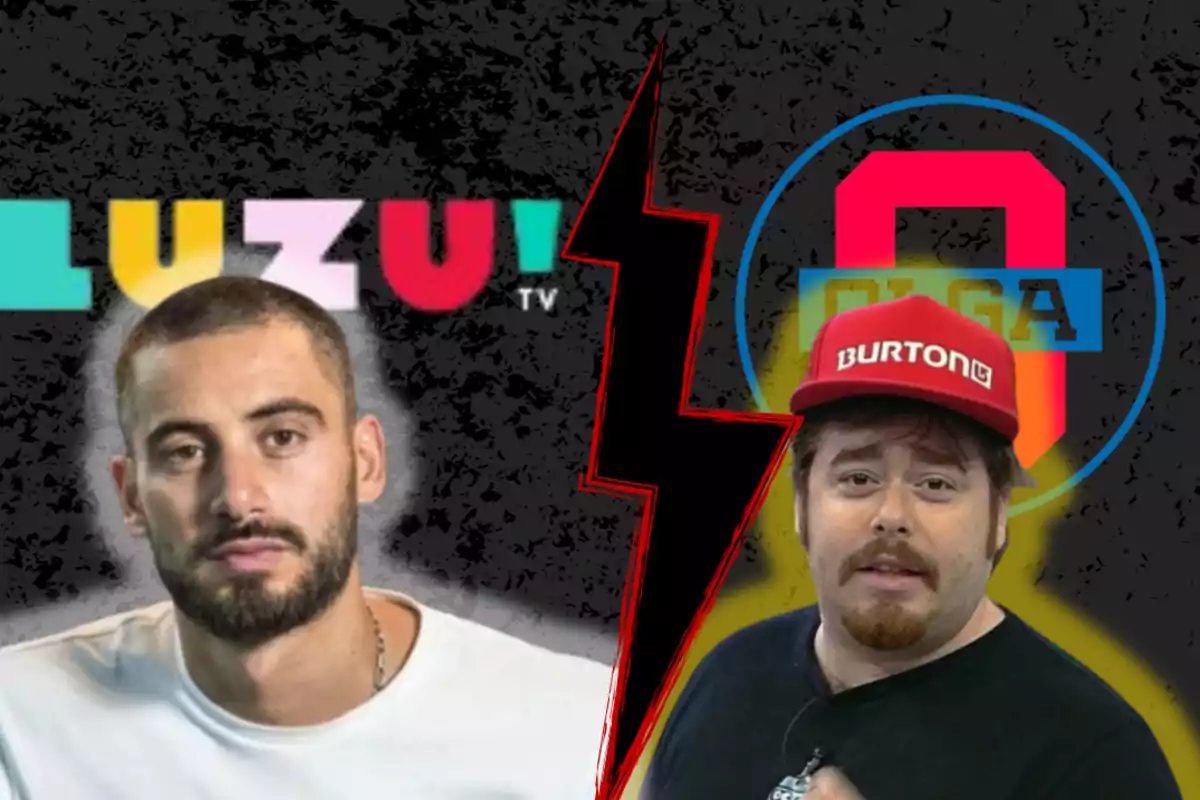 Two men appear in the image, one on the left with a beard and a white t-jersey in front of a background with colorful letters, and the other on the right with a red cap and a black t-jersey in front of a background with a blue circle and letters, separated by a red lightning bolt in the center.
