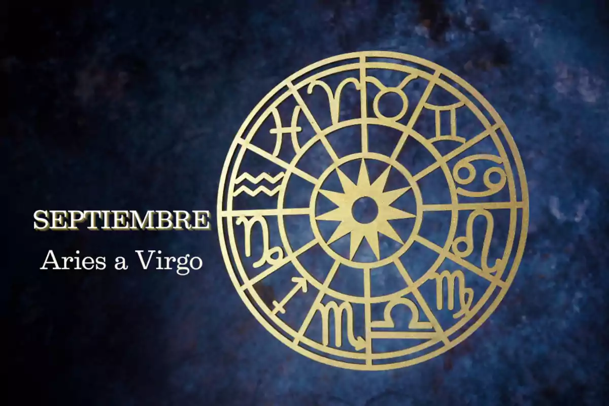 Rueda dorada de signos zodiacales sobre fondo azul con el texto septiembre Aries a Virgo