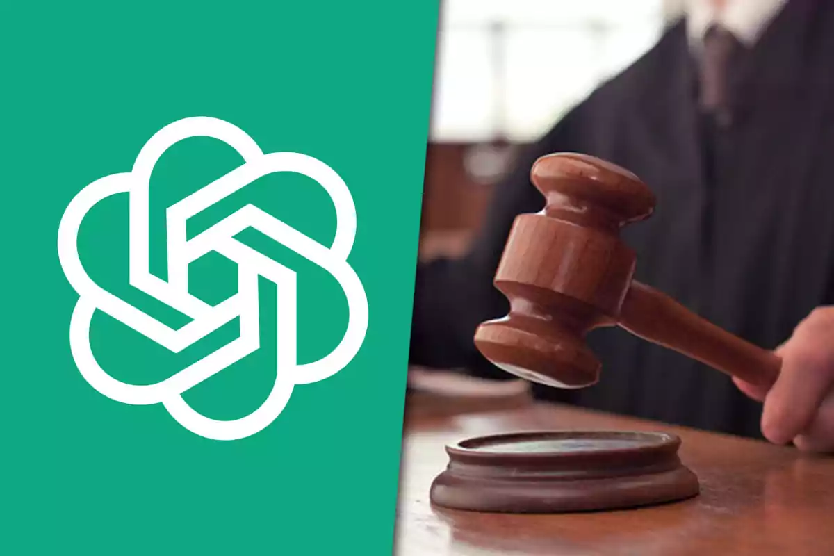 OpenAI logo next to the image of a judge’s gavel on a table in a courtroom