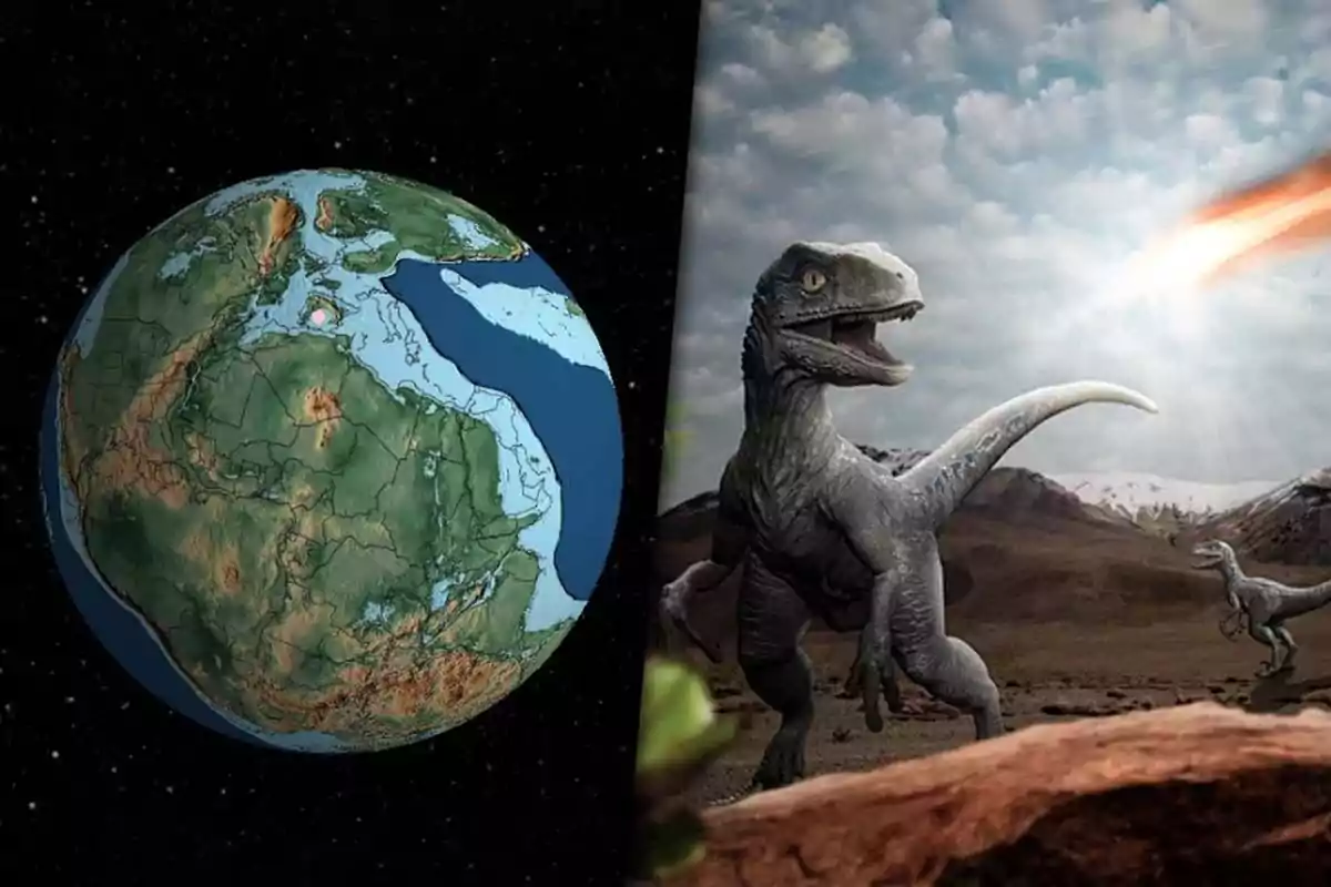 Un lado de la imagen muestra un mapa antiguo de la Tierra y el otro lado representa dinosaurios observando un meteorito acercándose desde el cielo.