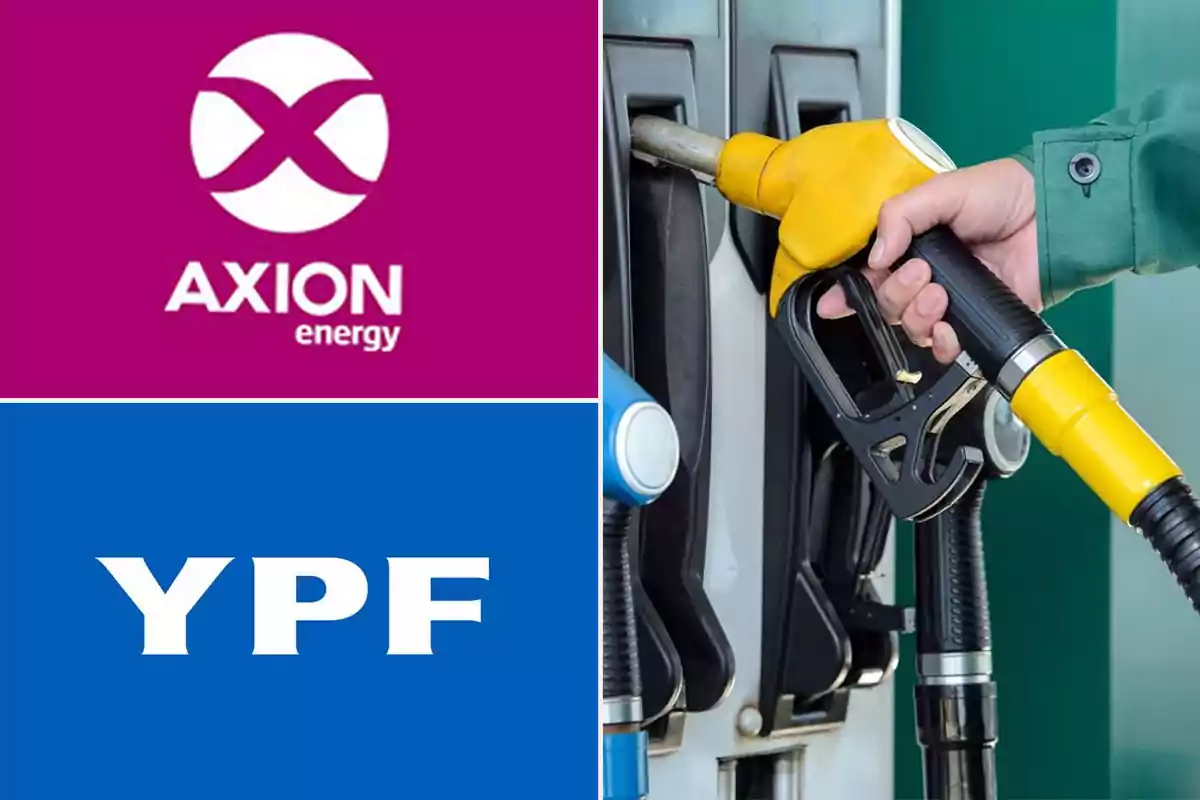 Logos de Axion y YPF junto a una persona sosteniendo una manguera de carga de combustible en una estación de servicio