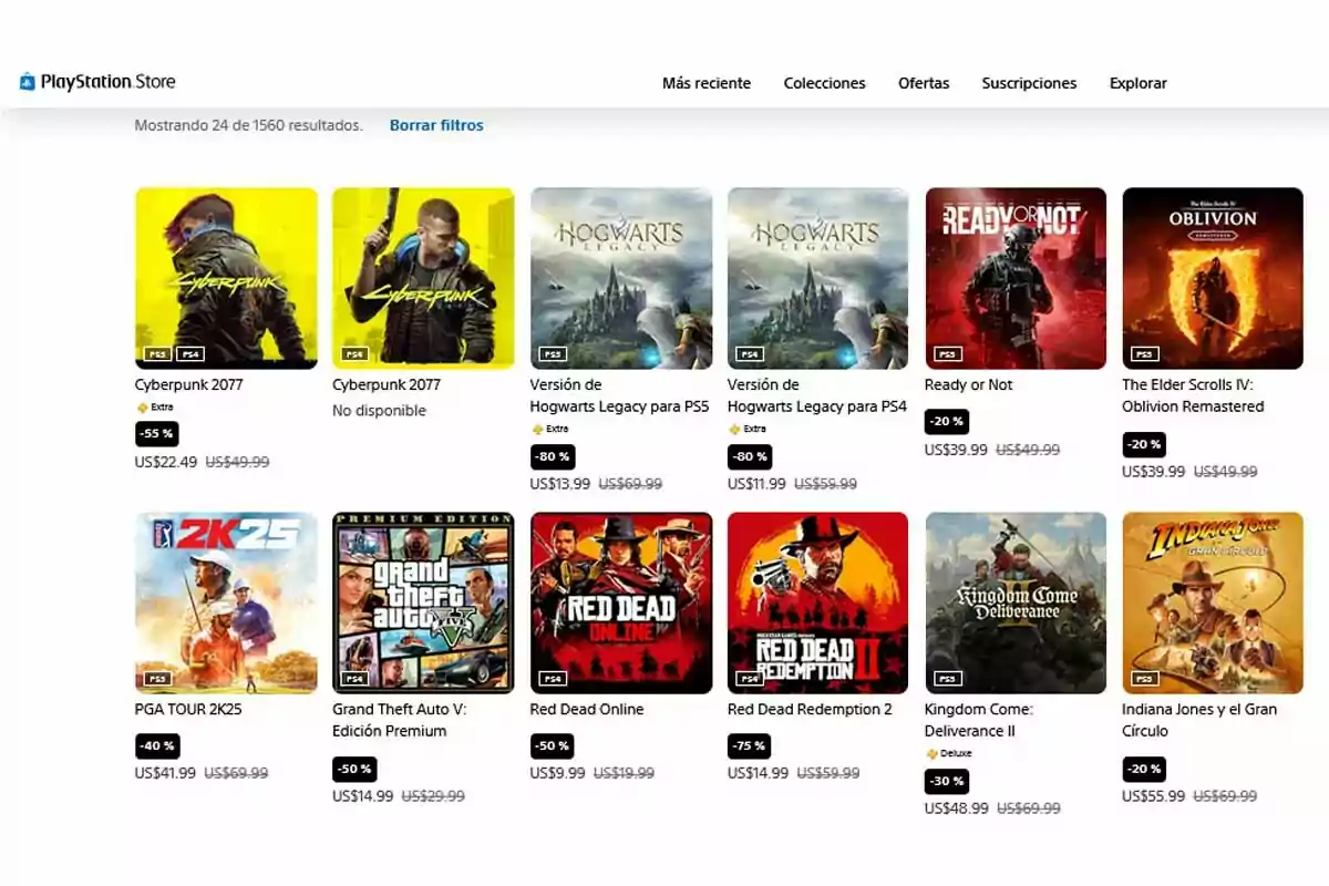 Página de la PlayStation Store mostrando una selección de videojuegos populares en oferta como Cyberpunk 2077, Hogwarts Legacy, Ready or Not, The Elder Scrolls IV Oblivion Remastered, PGA TOUR 2K25, Grand Theft Auto V, Red Dead Online, Red Dead Redemption 2, Kingdom Come Deliverance II e Indiana Jones y el Gran Círculo con sus respectivos precios y descuentos Página de la PlayStation Store mostrando una selección de videojuegos populares en oferta como Cyberpunk 2077, Hogwarts Legacy, Ready or Not, The Elder Scrolls IV Oblivion Remastered, PGA TOUR 2K25, Grand Theft Auto V, Red Dead Online, Red Dead Redemption 2, Kingdom Come Deliverance II e Indiana Jones y el Gran Círculo con sus respectivos precios y descuentos